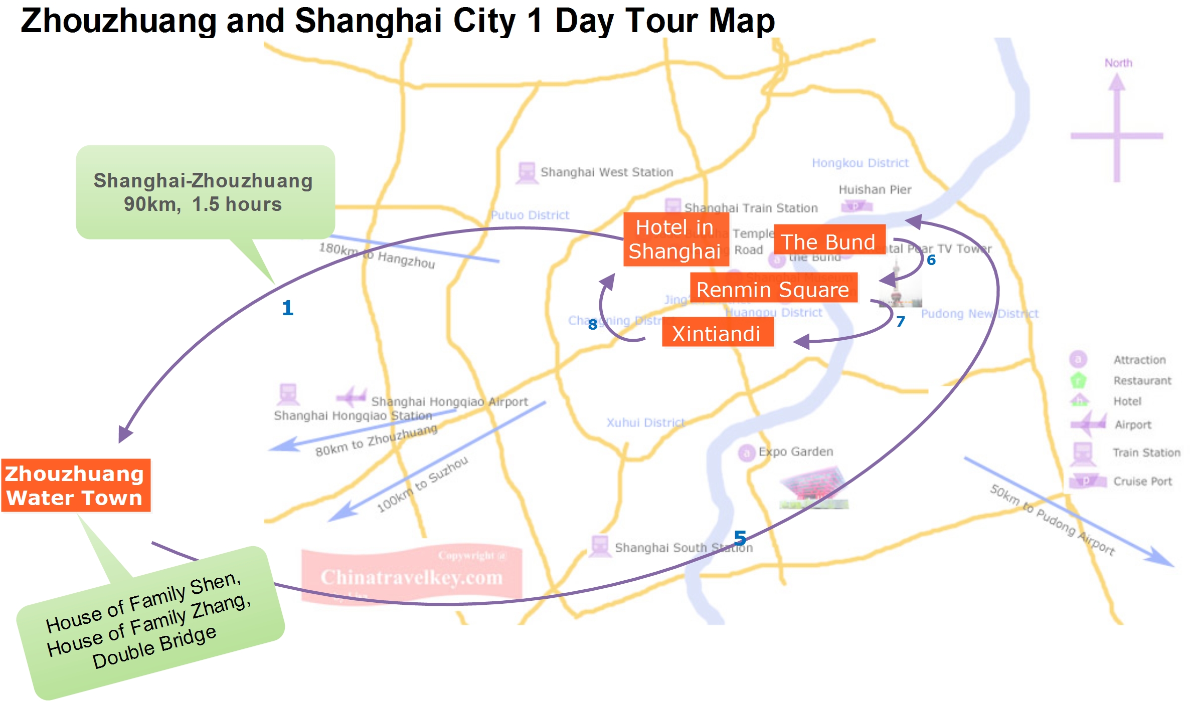 Zhouzhuang Watertown and Shanghai Join In Day Tour Map